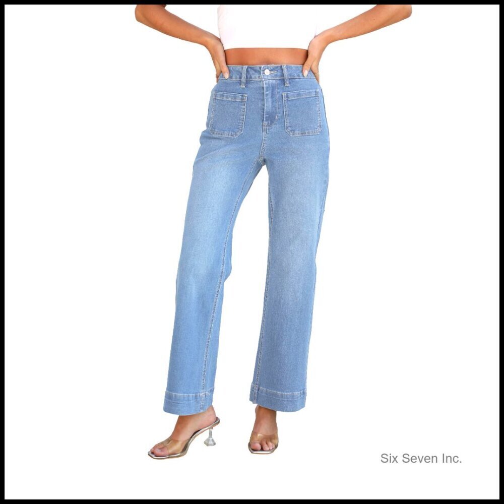 Wide Leg High Rise Stretchy Denim Jeans Trendy Bootcut Flare Pockets